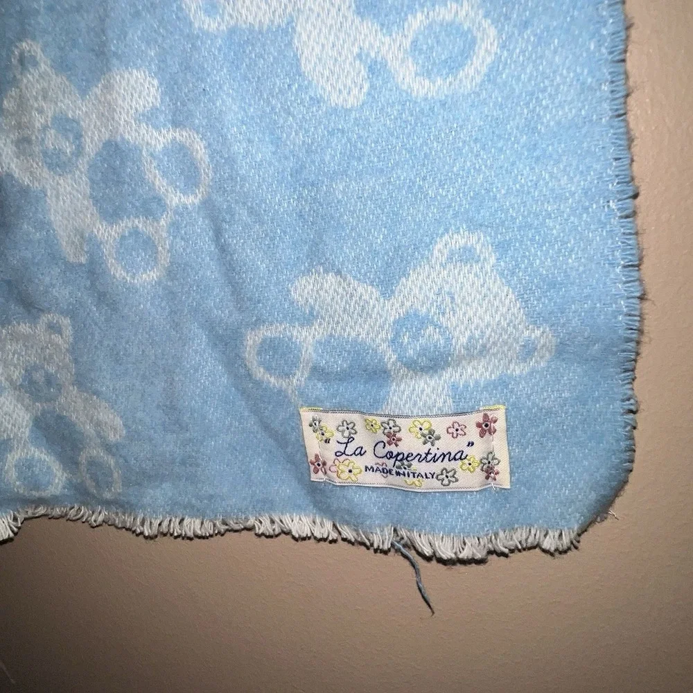 Baby Blanket Blue Teddy Bear La Copertina ITALY Cotton Blend Fringe Receiving